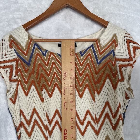 Sharagano Chevron Crochet Stitch Dress 6 Cap Sleeves Retro Boho 70's Earthy - Picture 6 of 11